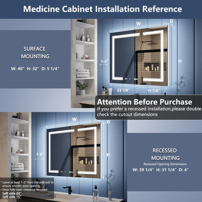 Illusion-B 40" x 32" LED Lighted Inset Mirrored Medicine Cabinet with Magnifiers Front and Back Light