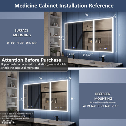 Illusion 60" x 32" LED Lighted Medicine Cabinet with Magnifiers Front and Back Light