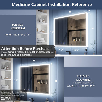 Illusion 40" x 32" LED Medicine Cabinet with Lights, Magnifiers Front and Back Light
