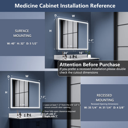 Rim 40" W x 32" H LED Lighted Medicine Cabinet Recessed or Surface with Mirrors