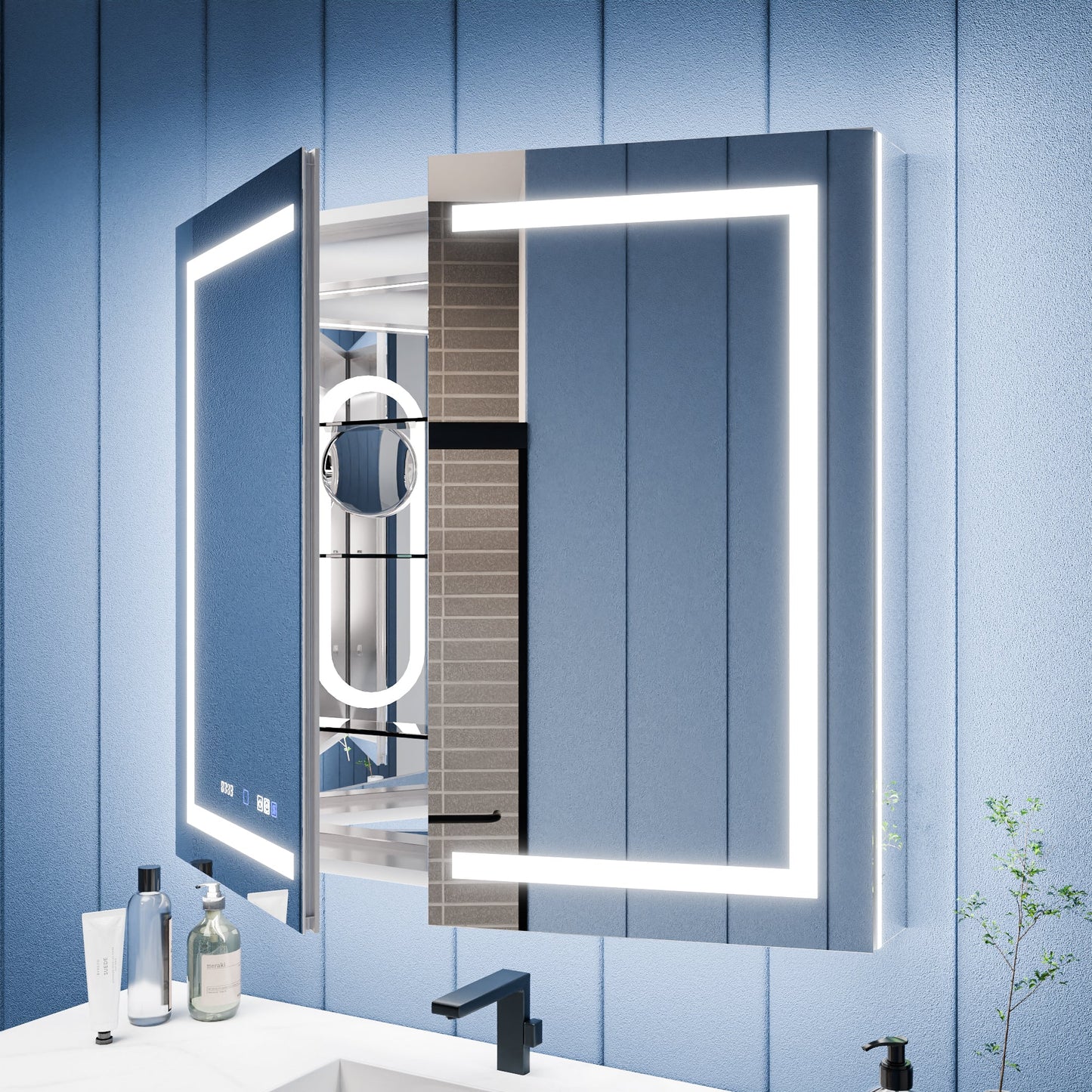 Illusion-B 42" x 36" LED Lighted Inset Mirrored Medicine Cabinet with Magnifiers Front and Back Light