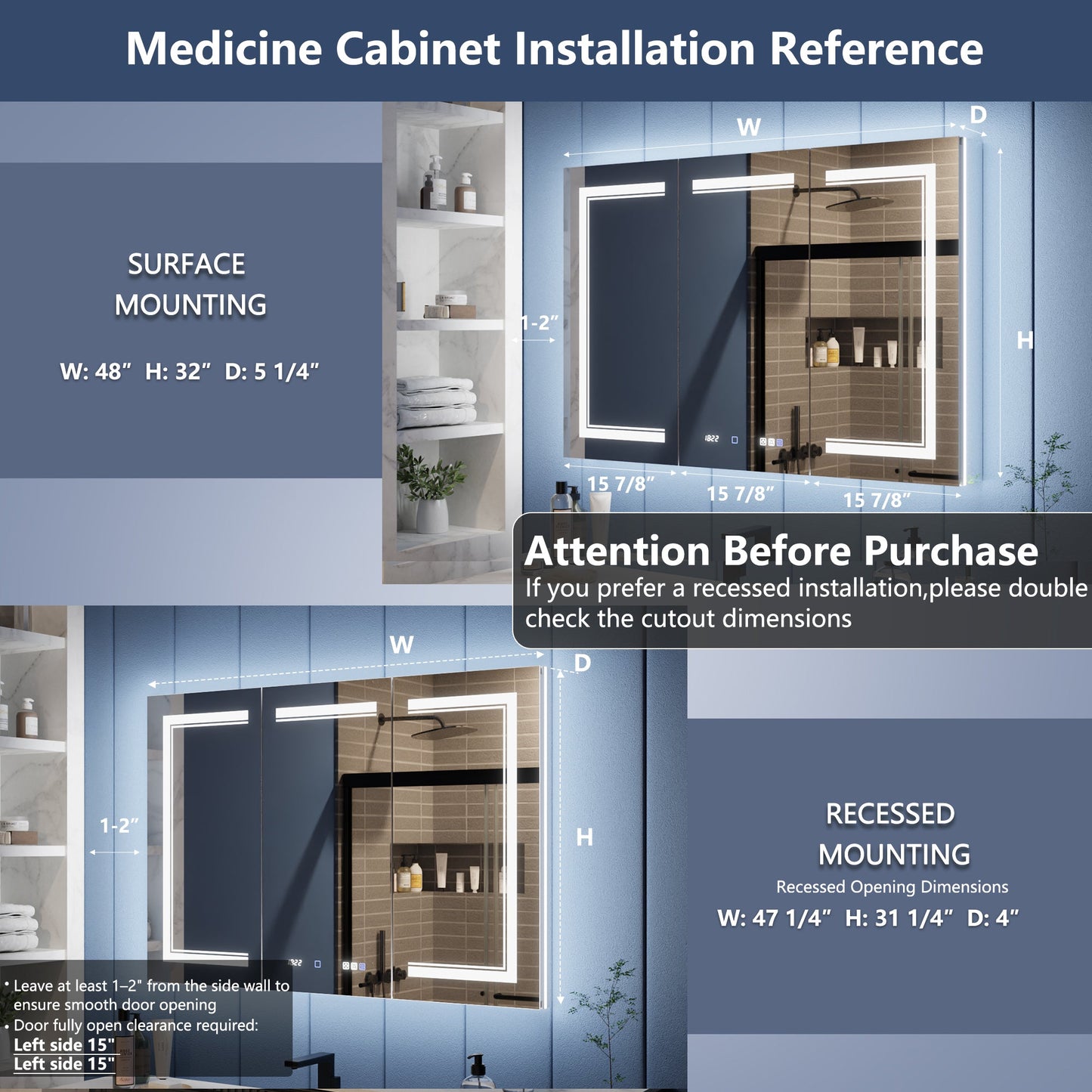 Medicine cabinet installation reference with surface and recessed mounting options.