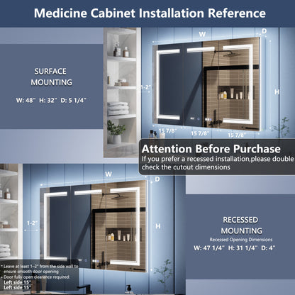 Medicine cabinet installation reference with surface and recessed mounting options.