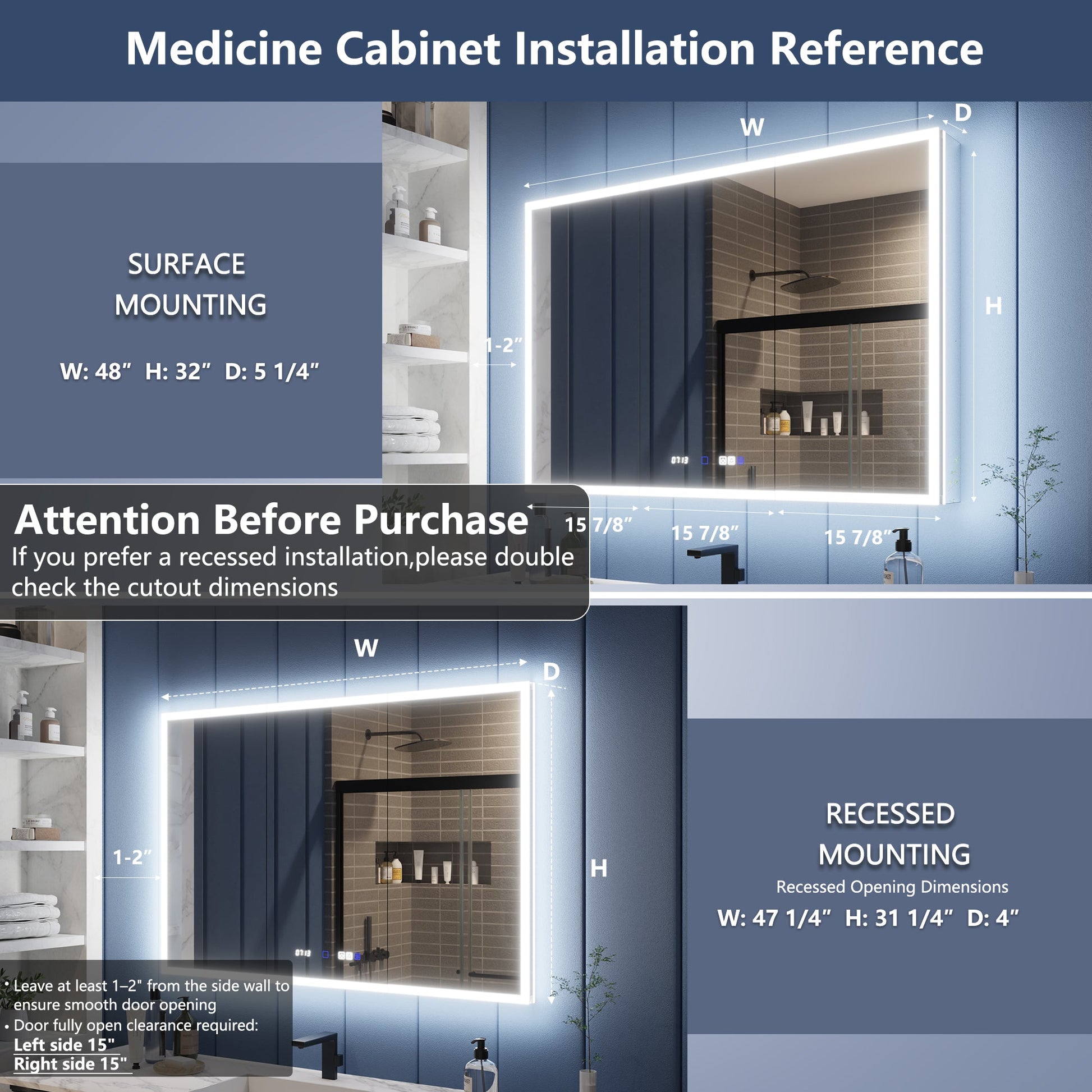 Medicine cabinet installation reference with surface and recessed mounting options.