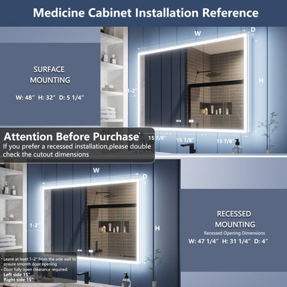 Medicine cabinet installation reference with surface and recessed mounting options.