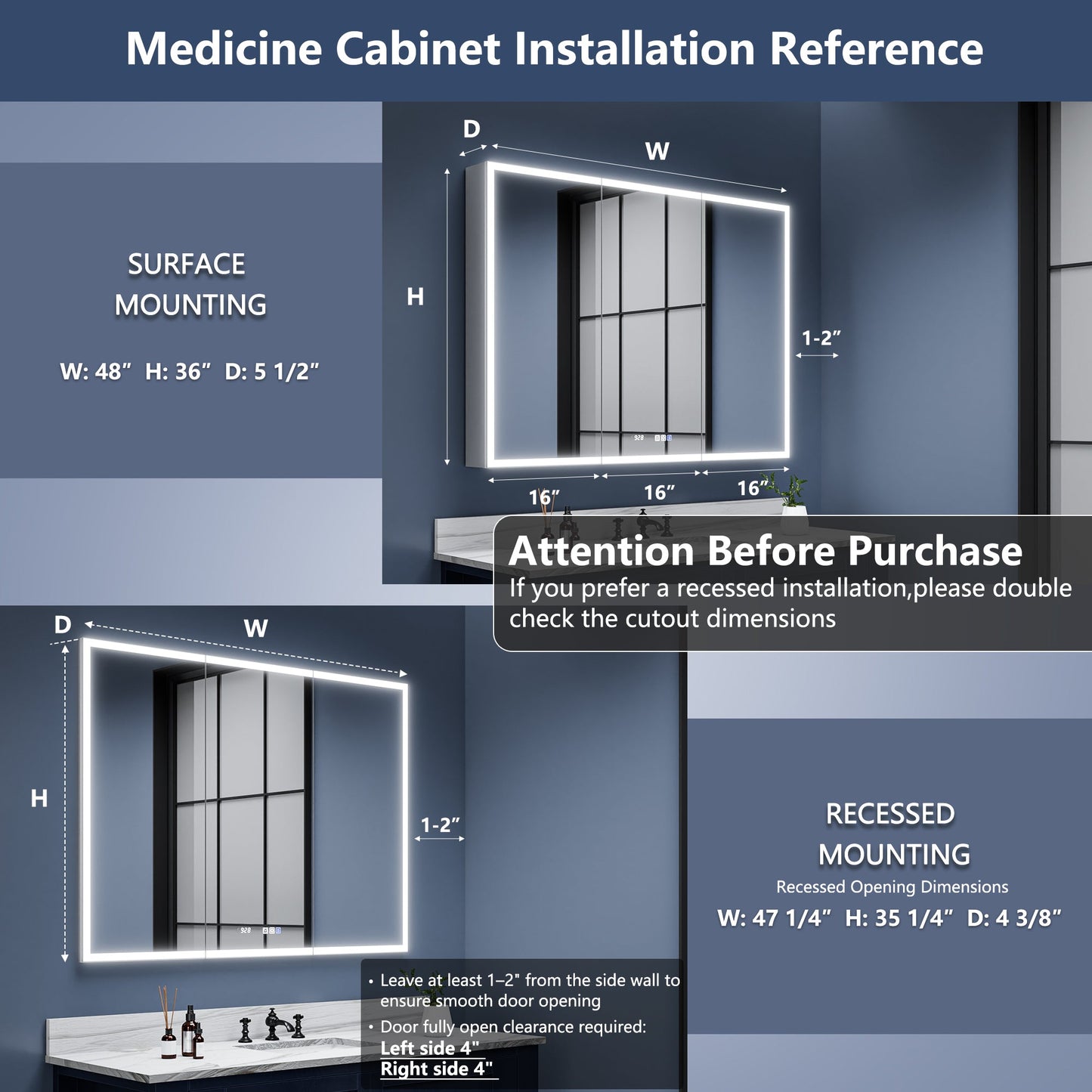 Rim 48" W x 36" H LED Lighted Medicine Cabinet Recessed or Surface with Clock and mirrors