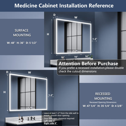 Rim 48" W x 36" H LED Lighted Medicine Cabinet Recessed or Surface with Clock and mirrors
