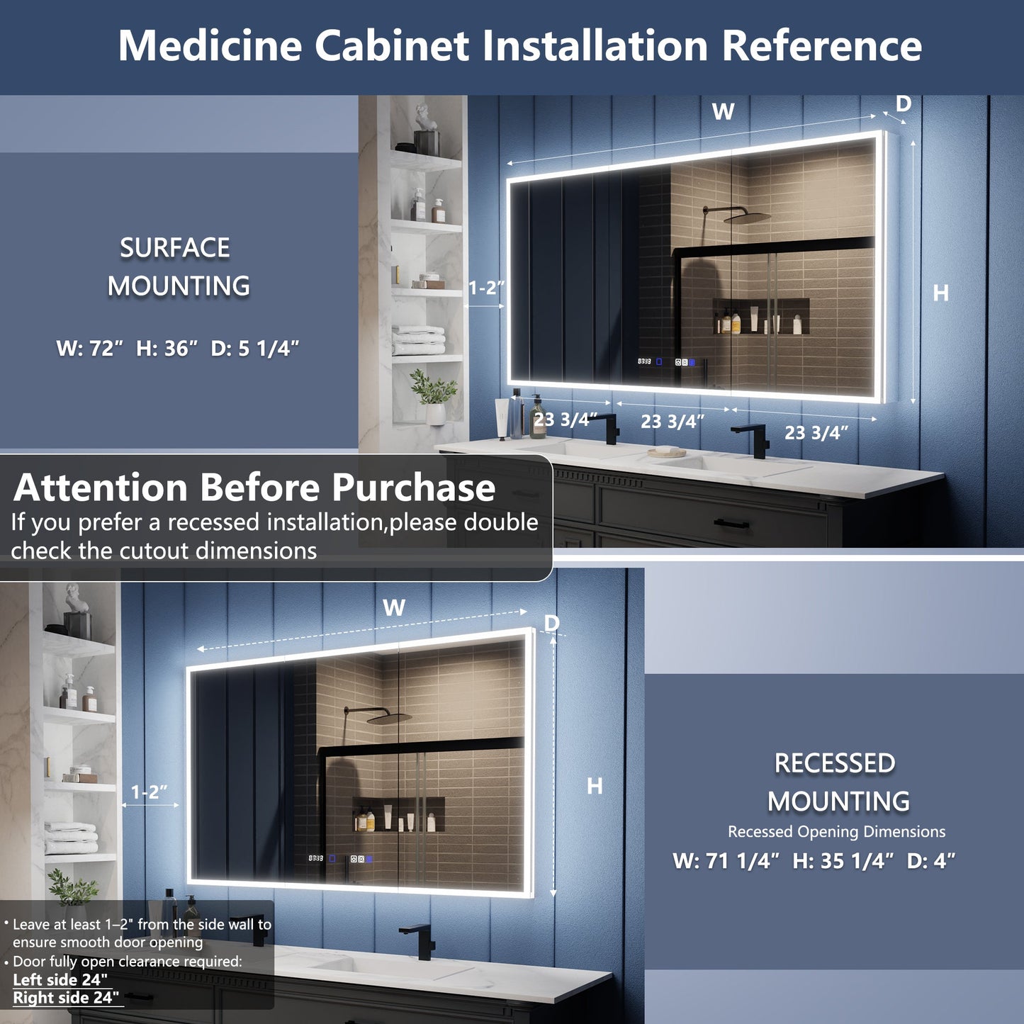 Medicine cabinet installation reference with dimensions for surface and recessed mounting.