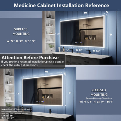 Medicine cabinet installation reference with dimensions for surface and recessed mounting.