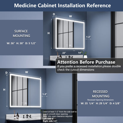 Rim 36" W x 30" H LED Lighted Medicine Cabinet Recessed or Surface with Mirrors