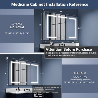 Boost-M1 48" W x 30" H Lighted Medicine Cabinet,Recessed or Surface led Medicine Cabinet,Three Glass Shelves