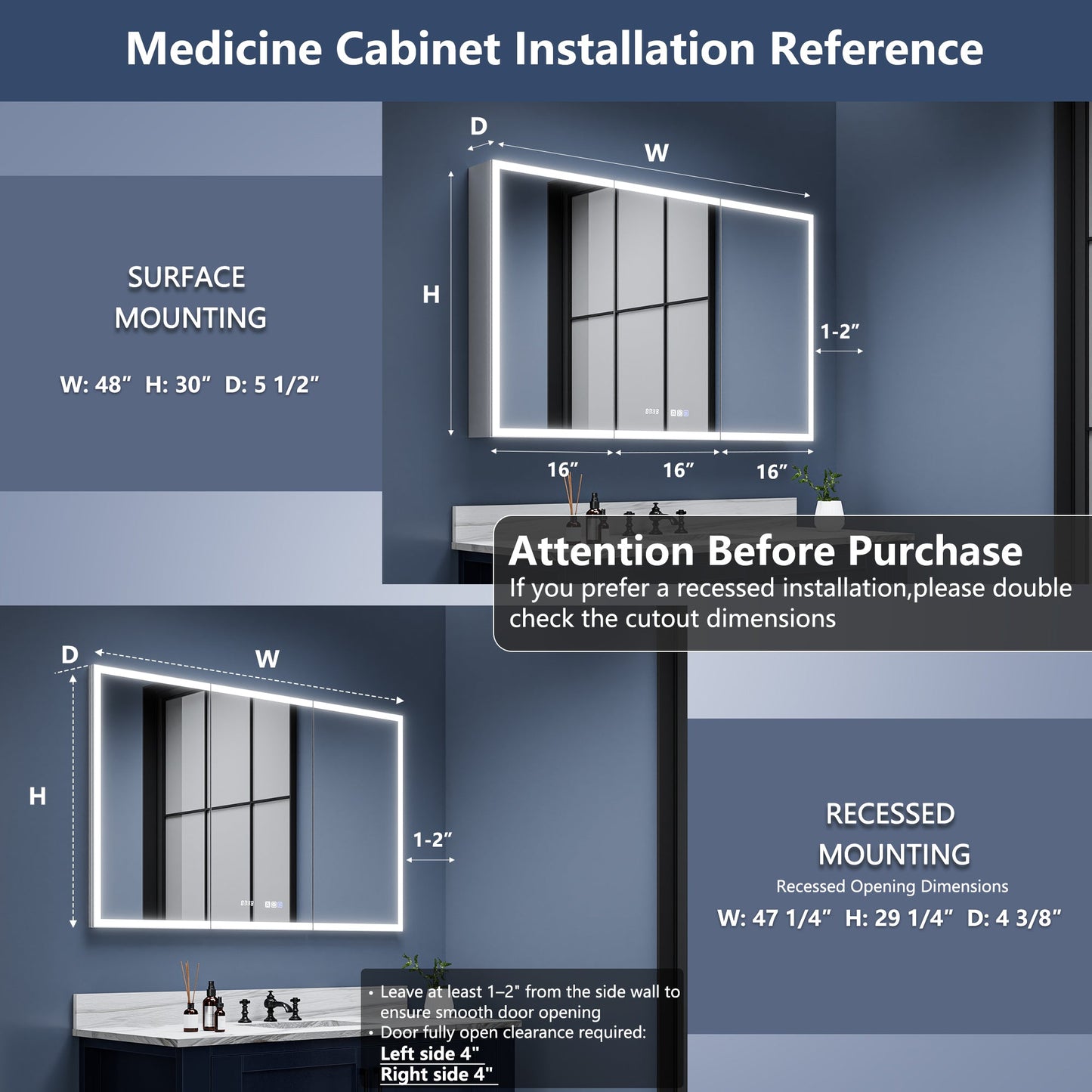 Rim 48 Inch Medicine Cabinet with Lights - 48" W x 30" H LED Lighted Recessed or Surface Mirrors