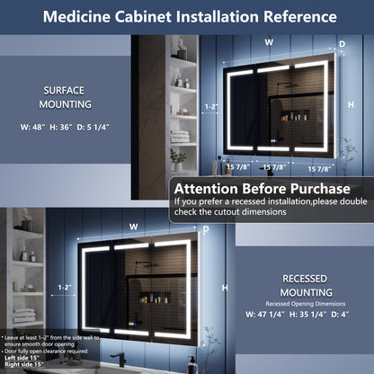 Illusion-B 48" x 36" LED Lighted Inset Mirrored Medicine Cabinet with Magnifiers Front and Back Light