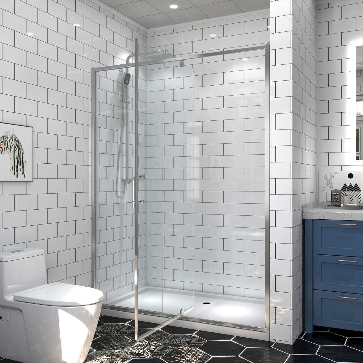 Flexi-B Showers 50-54" W x 71" H Glass Shower Doos Semi-Frameless,6mm Clear Tempered Glass Panel, Black Finish (Copy) - ExBriteUSA