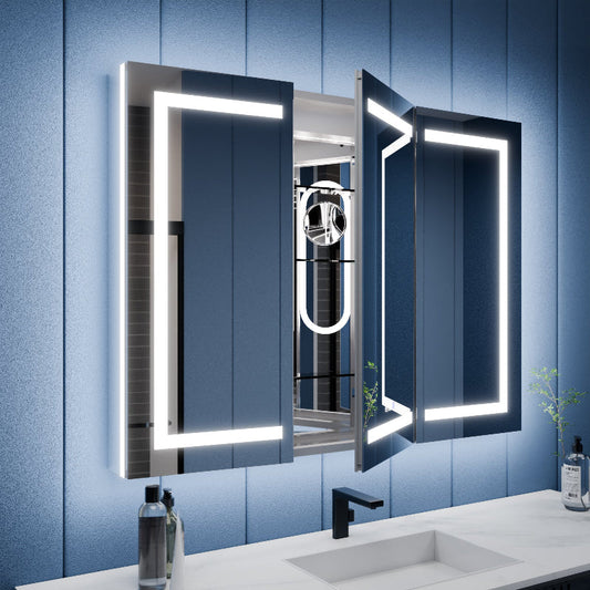 Bathroom vanity with illuminated mirror and blue wall paneling