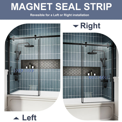 Zephyr 56-60" Semi-Frameless Single Sliding Tub Door,Matte Black,Bypass Bathtub Shower Tempered Glass Door with Explosion-Proof Film