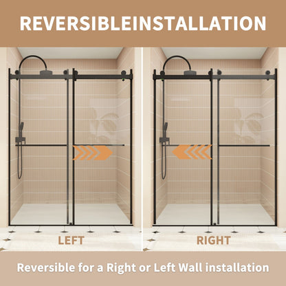 ExRoll-P Allsumhome 56"-60"W x 76"H Frameless Double Sliding Shower Door,10mm Tempered Glass Shower Enclosure,Easy Clean Coat,Matte Black,Buffer