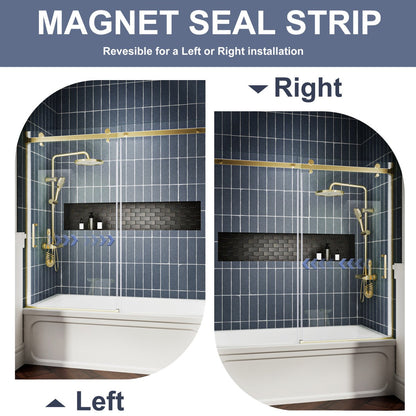 Zephyr 56-60" Semi-Frameless Single Sliding Tub Door,Brushed Gold,Bypass Bathtub Shower Tempered Glass Door with Explosion-Proof Film