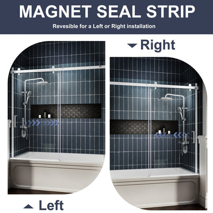 Zephyr 52-56" Semi-Frameless Single Sliding Tub Door,Chrome,Bypass Bathtub Shower Tempered Glass Door with Explosion-Proof Film