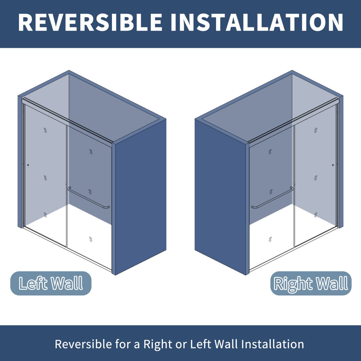 Glide 50-54 in. W x 70 in. H sliding glass shower doors in black frame with clear tempered glass, reversible installation illustration.