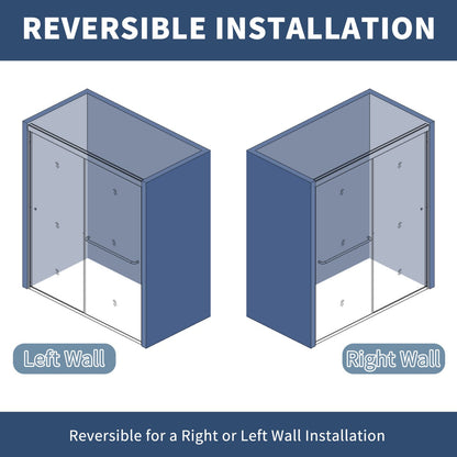 Glide 50-54 in. W x 70 in. H sliding glass shower doors in black frame with clear tempered glass, reversible installation illustration.