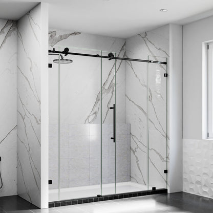 Modern shower enclosure with glass doors in a bathroom with marble walls.