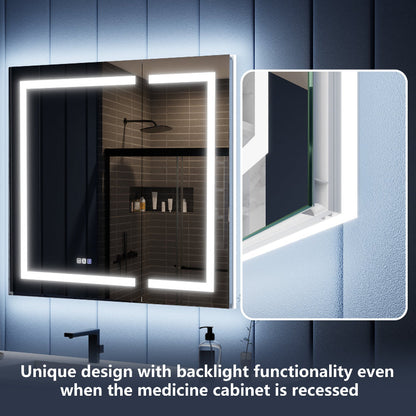 Bathroom mirror with LED backlighting in a recessed medicine cabinet setting