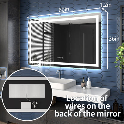 Apex-T 60" W x 36" H Lighted Bathroom Large Light Led Mirror,Anti Fog,Dimmable,Three Lighting Modes