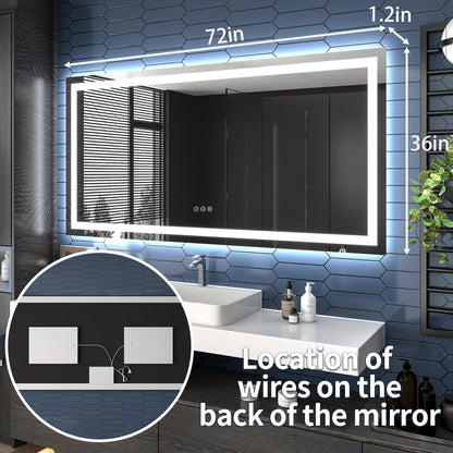 Apex-T 72" W x 36" H Lighted Bathroom Large Light Led Mirror,Anti Fog,Dimmable,Three Lighting Modes