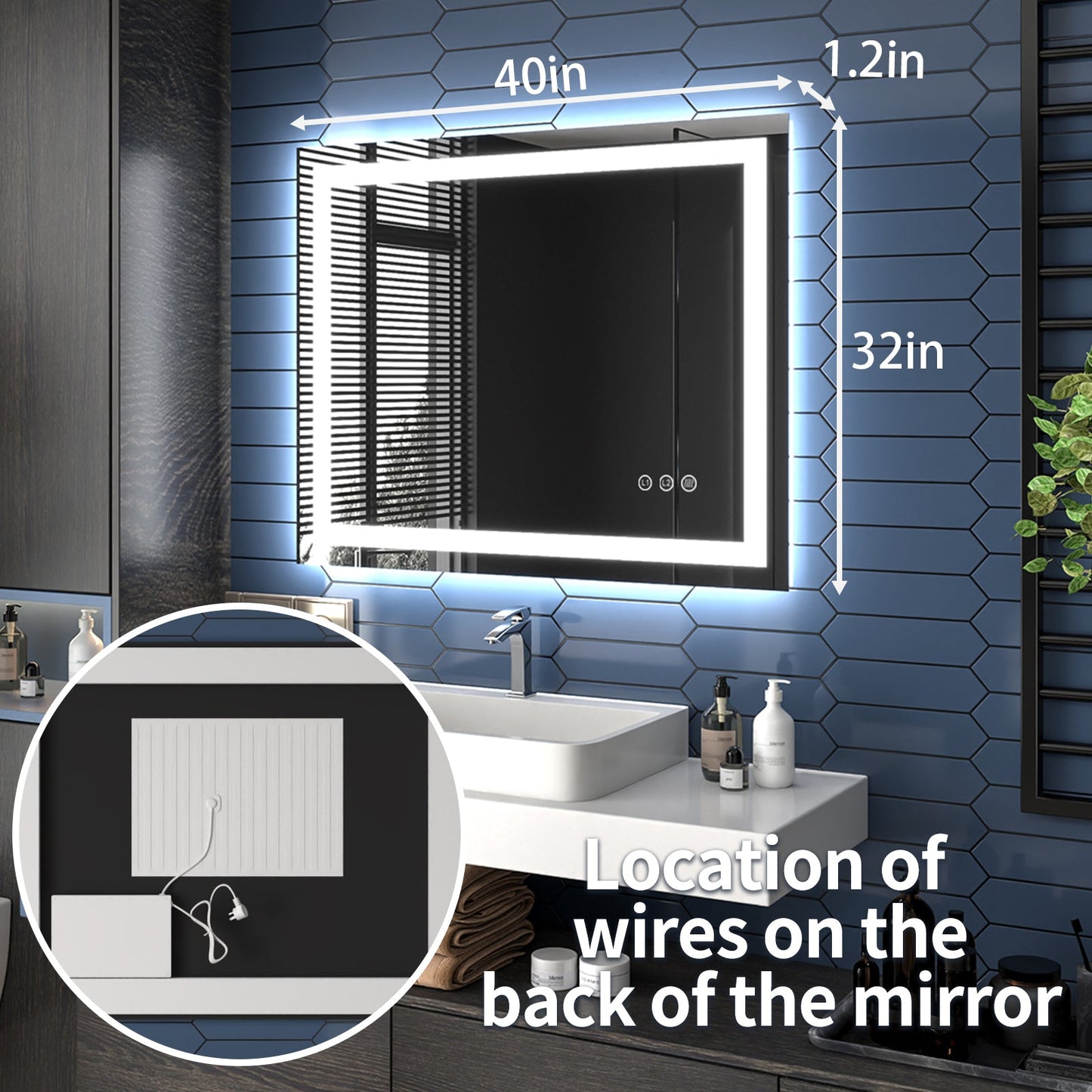 Apex-T 40" W x 32" H Lighted Bathroom Large Light Led Mirror,Anti Fog,Dimmable,Three Lighting Modes