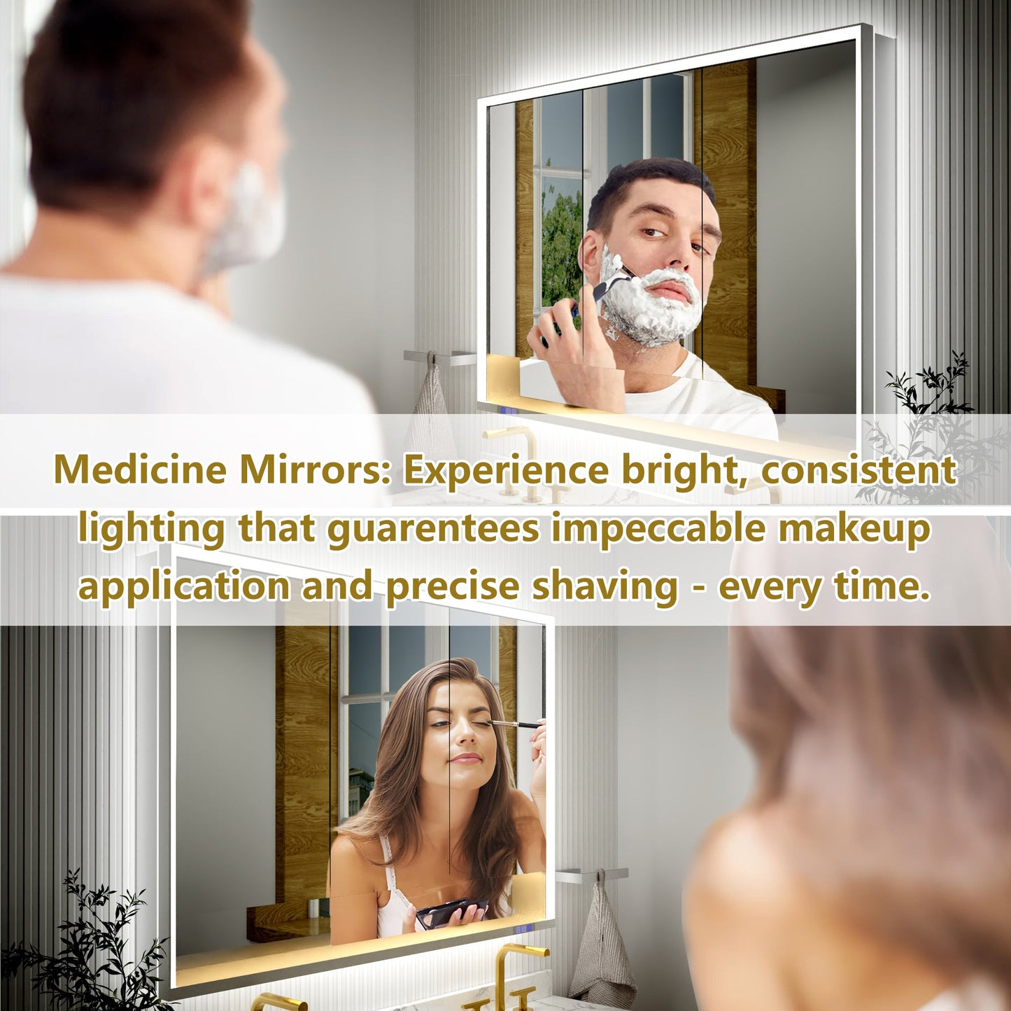 Ample 48" W x 36" H LED Lighted Chrome Medicine Cabinet with Mirror and Shelves for Bathroom Recessed or Surface Mount - ExBriteUSA