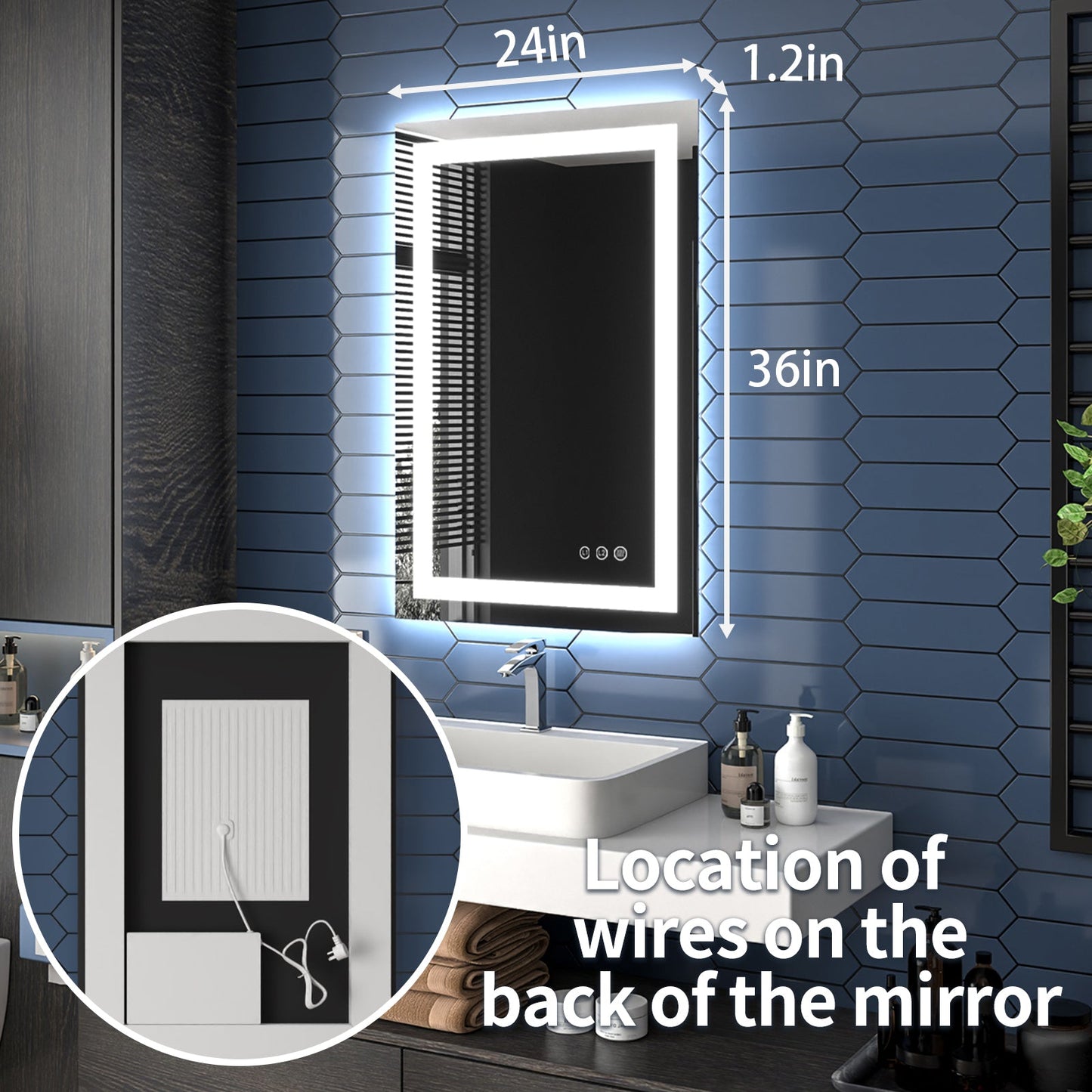 Apex-T 24" W x 36" H Lighted Bathroom Large Light Led Mirror,Anti Fog,Dimmable,Three Lighting Modes