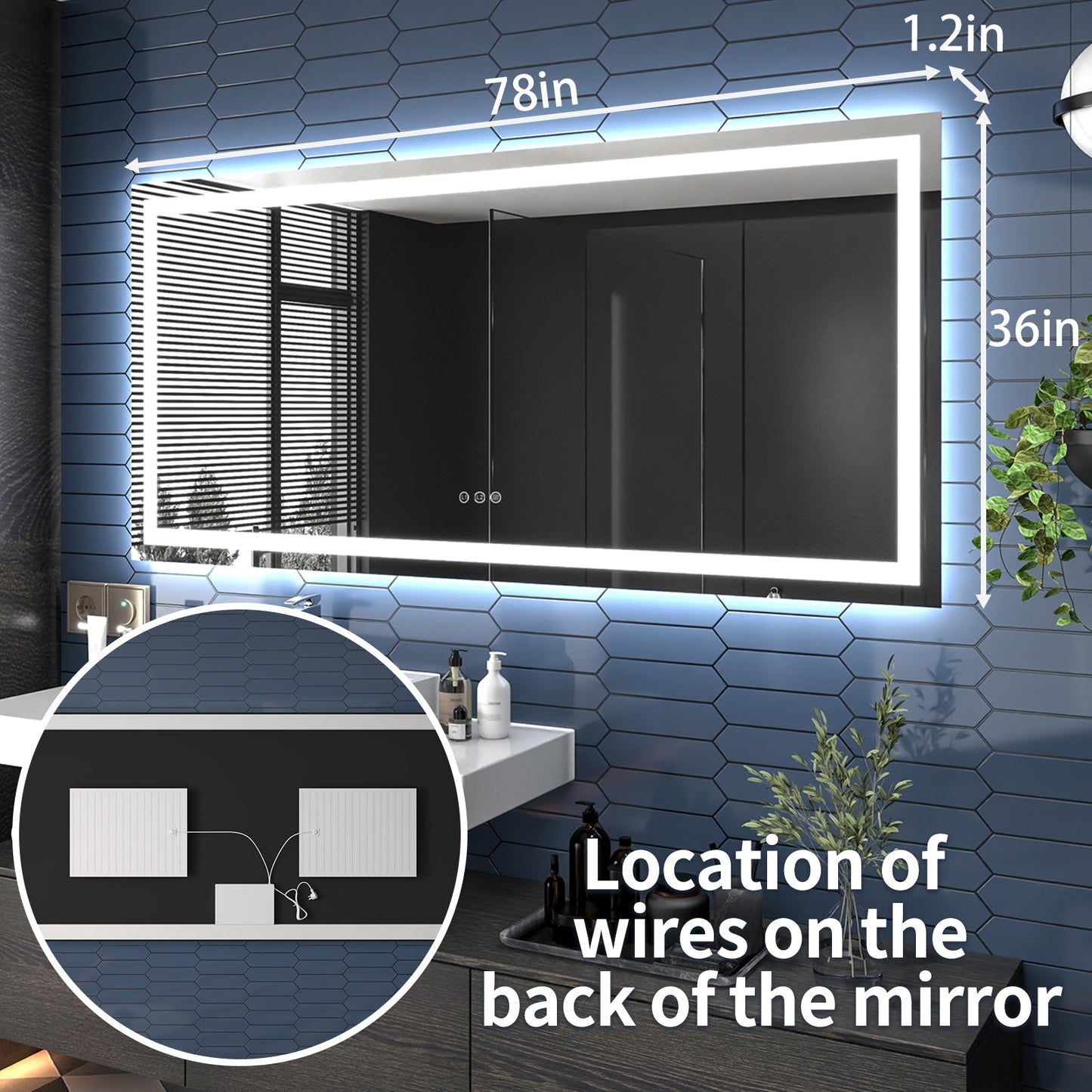 Apex-T 78" W x 36" H Lighted Bathroom Large Light Led Mirror,Anti Fog,Dimmable,Three Lighting Modes