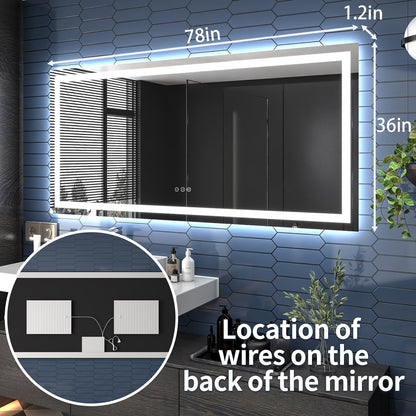 Apex-T 78" W x 36" H Lighted Bathroom Large Light Led Mirror,Anti Fog,Dimmable,Three Lighting Modes