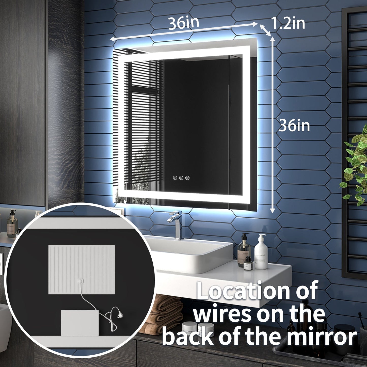 Apex-T 36" W x 36" H Lighted Bathroom Large Light Led Mirror,Anti Fog,Dimmable,Three Lighting Modes