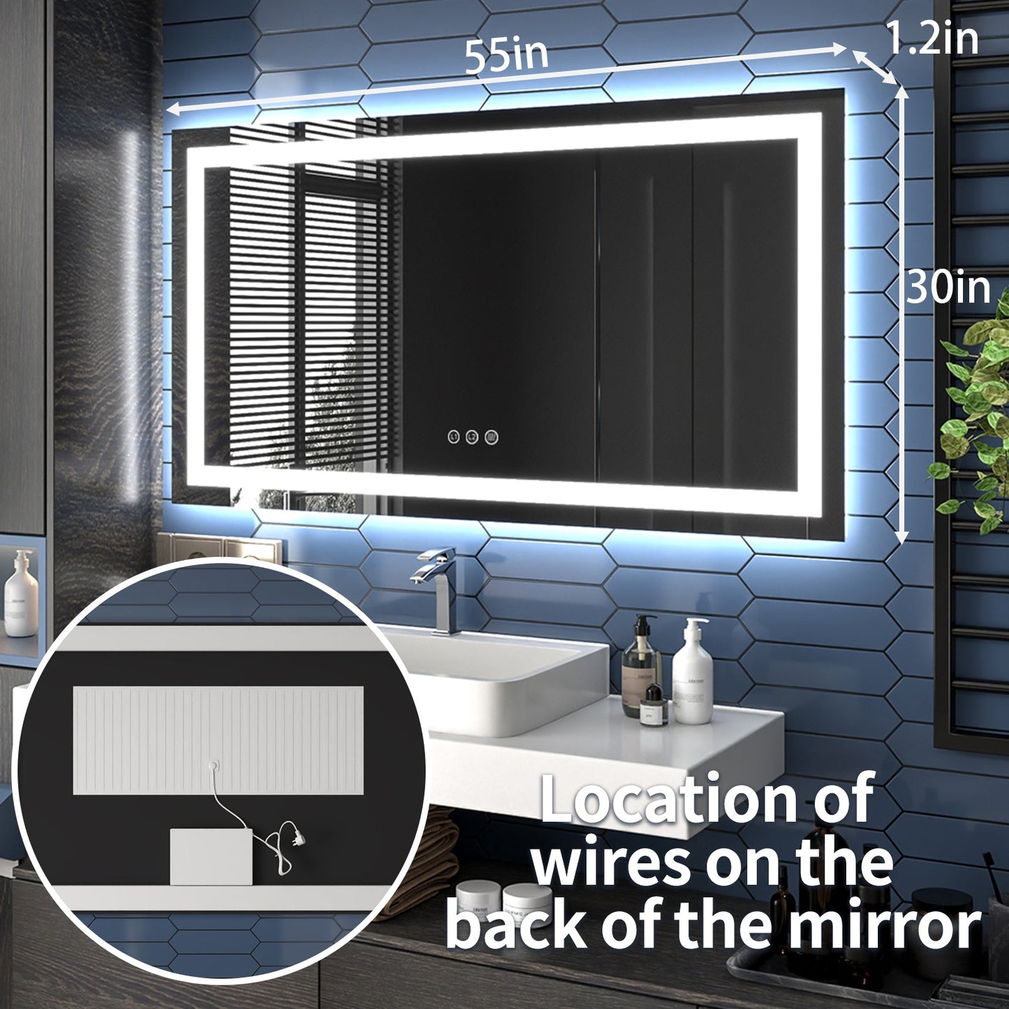 Apex-T 55" W x 30" H Lighted Bathroom Large Light Led Mirror,Anti Fog,Dimmable,Three Lighting Modes
