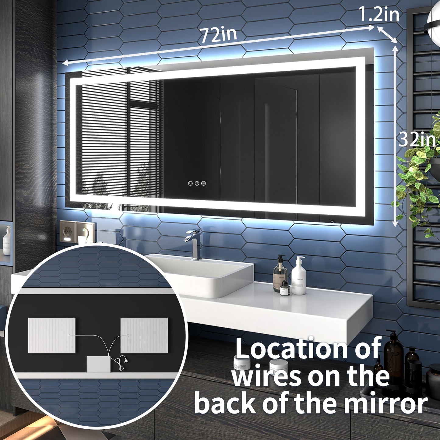Apex-T 72" W x 32" H Lighted Bathroom Large Light Led Mirror,Anti Fog,Dimmable,Three Lighting Modes