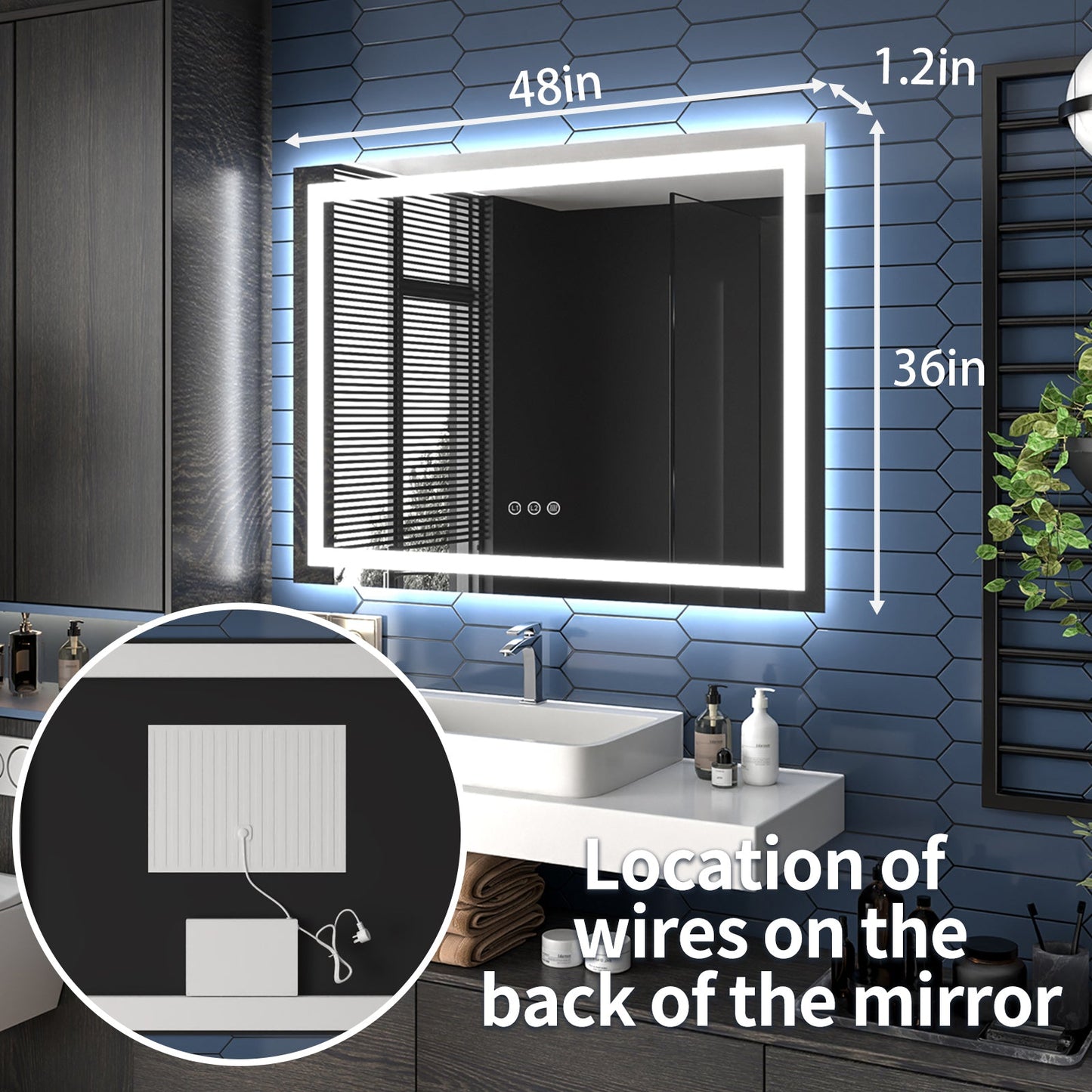 Apex-T 48" W x 36" H Lighted Bathroom Large Light Led Mirror,Anti Fog,Dimmable,Three Lighting Modes