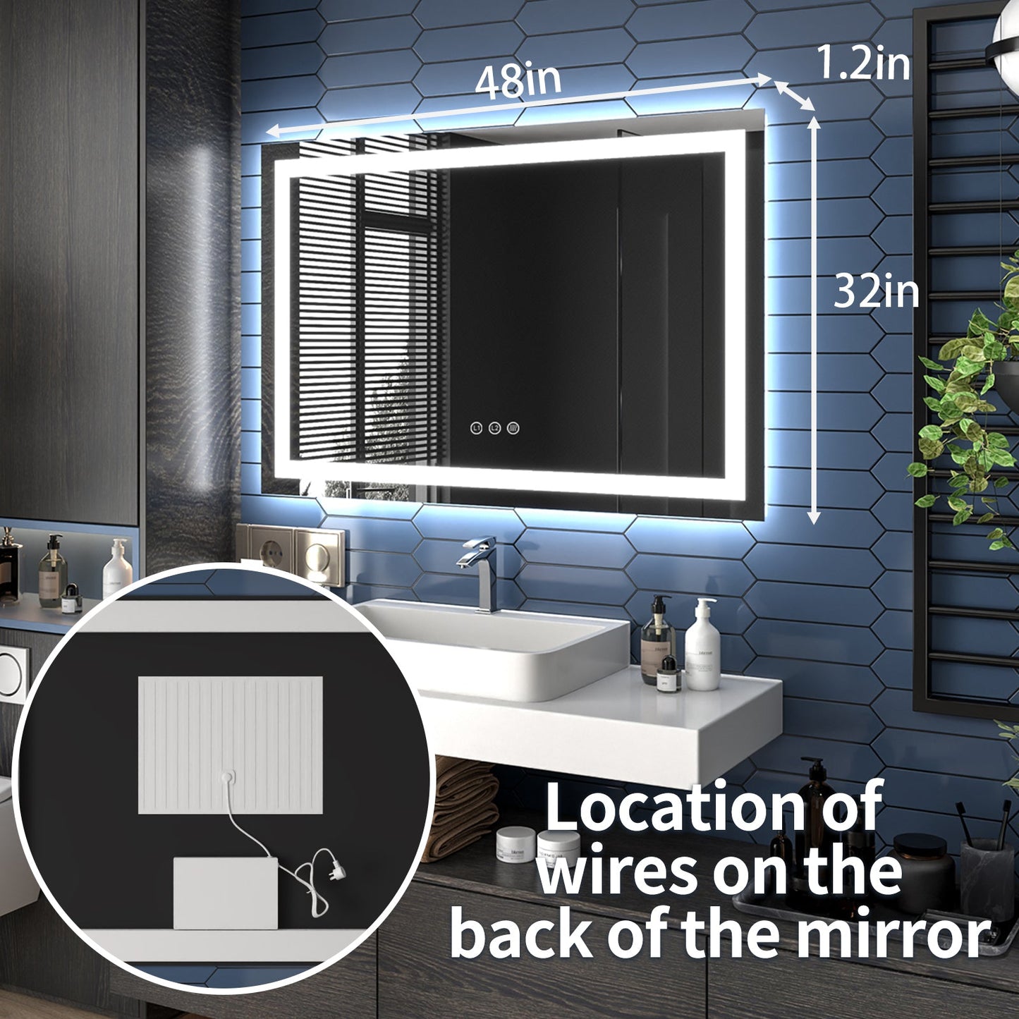 Apex-T 48" W x 32" H Lighted Bathroom Large Light Led Mirror,Anti Fog,Dimmable,Three Lighting Modes