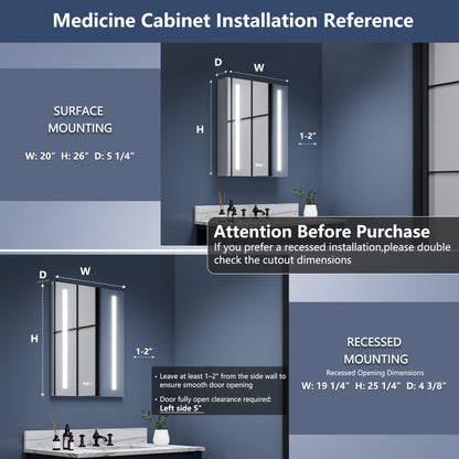 Boost-M1 20 in. W x 26 in. H inch Recessed or Surface Mount Framed Aluminum Medicine Cabinet Adjustable Shelves,Hinge on the Left