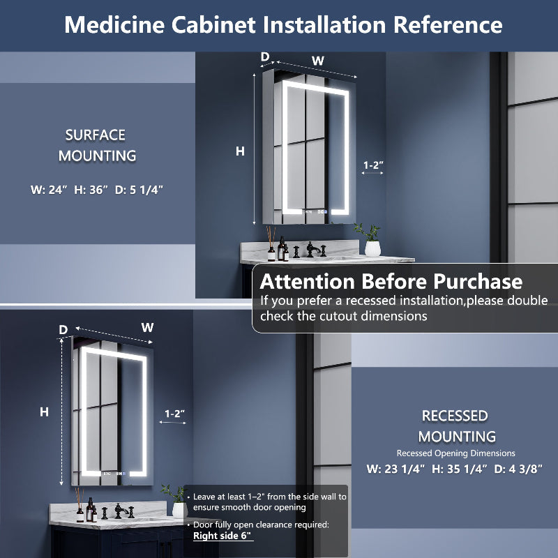 Boost-M2 24" W x 36" H LED Lighted Bathroom Medicine Cabinet with Mirror and Clock, Right Hinge