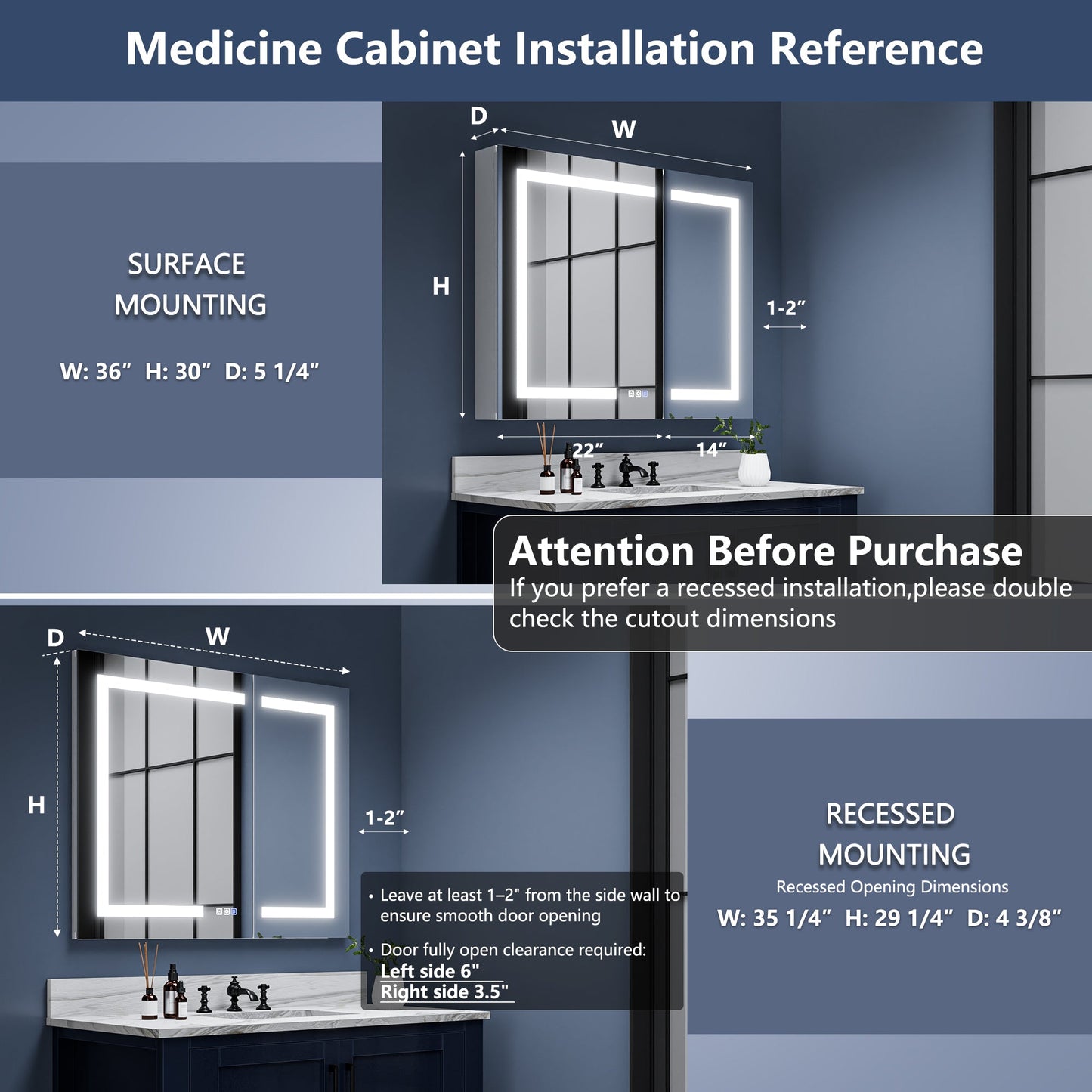 Boost-M1 36" W x 30" H LED Lighted Bathroom Medicine Cabinet with Mirror Recessed or Surface Mounted LED Medicine Cabinet