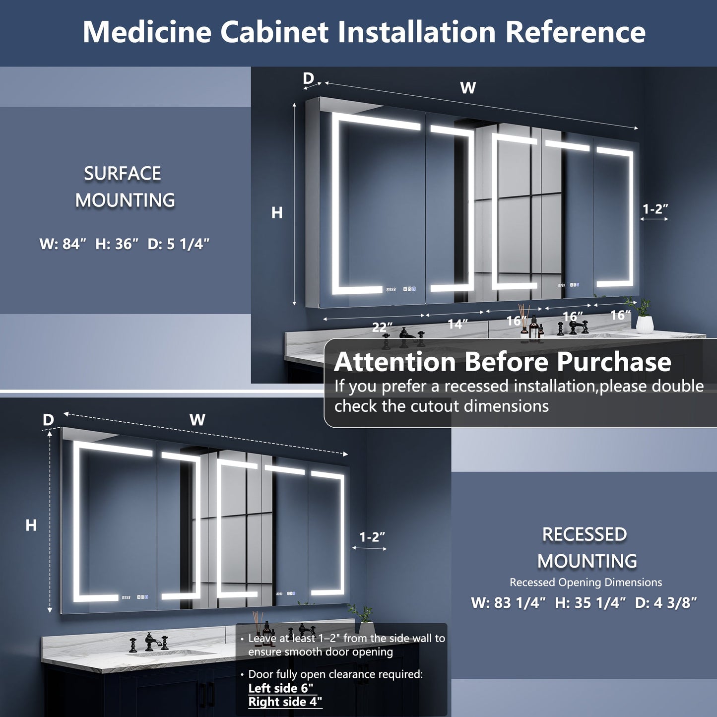 Boost-M2 84" W x 36" H LED Bathroom Light Medicine Cabinets with Vanity Mirror Recessed or Surface