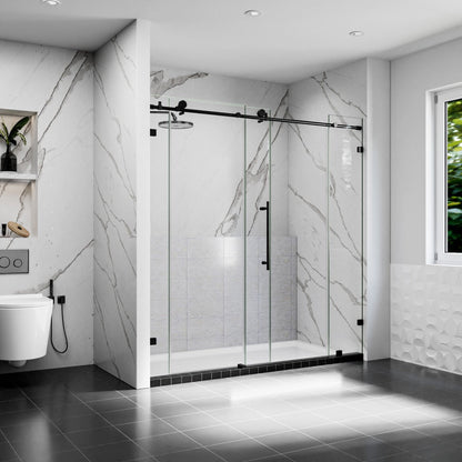Modern bathroom with a glass shower enclosure, marble walls, and a toilet.