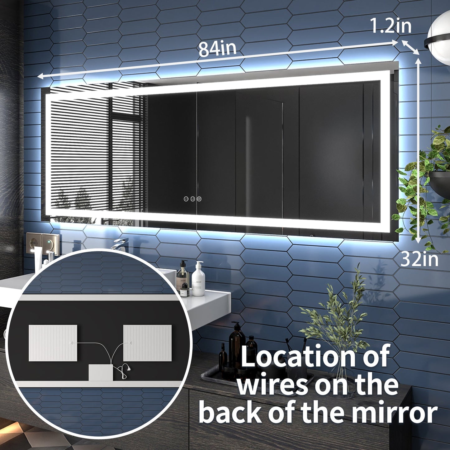 Apex-T 84" W x 32" H Lighted Bathroom Large Light Led Mirror,Anti Fog,Dimmable,Three Lighting Modes