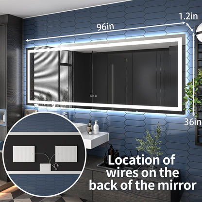 Apex-T 96" W x 36" H Lighted Bathroom Large Light Led Mirror,Anti Fog,Dimmable,Three Lighting Modes