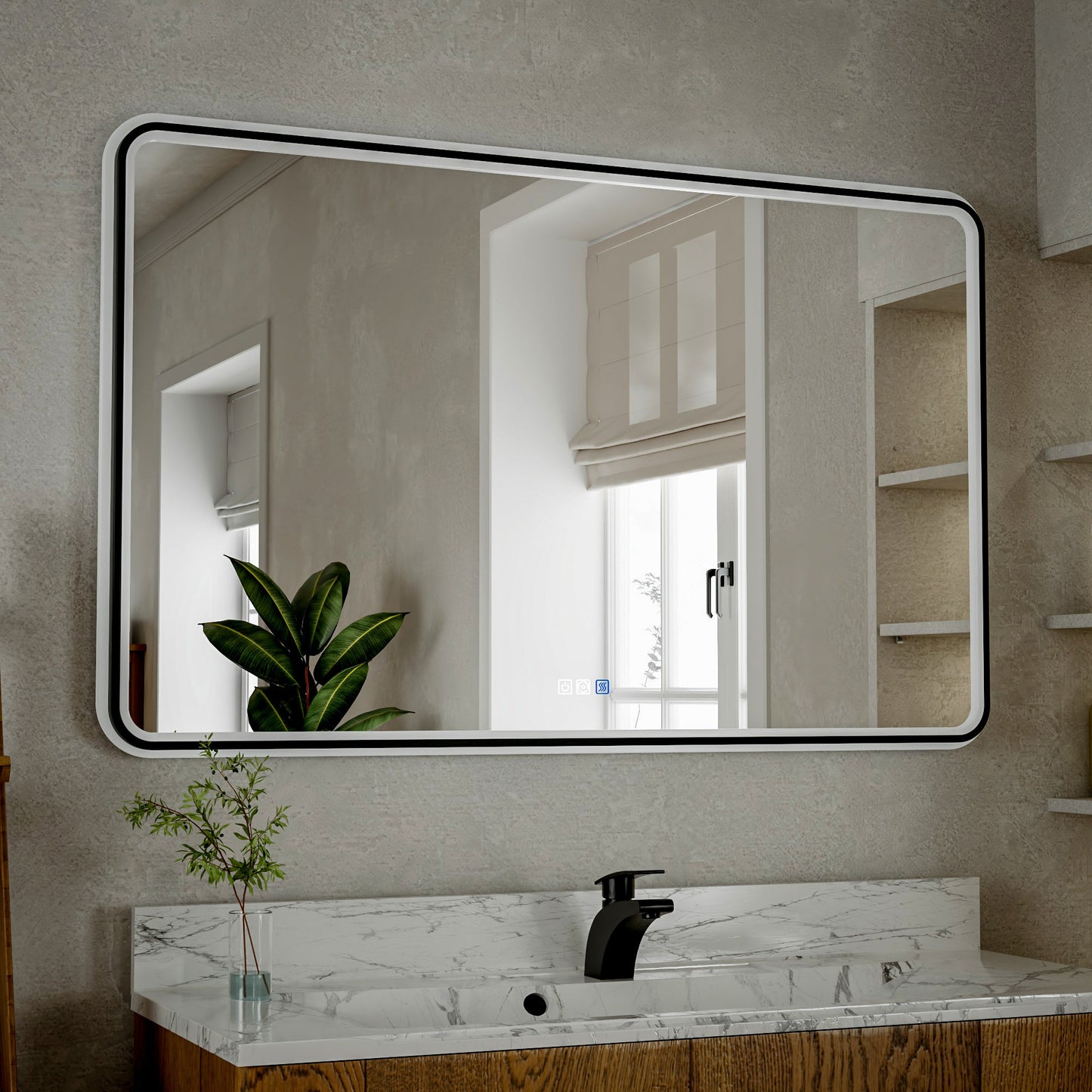 Lumina 48" W x 30" H LED Lighted Bathroom Mirror,High Illuminate, Inner & Outer Lighting,Anti-Fog, Dimmable,Black Frame with Rounded Corners