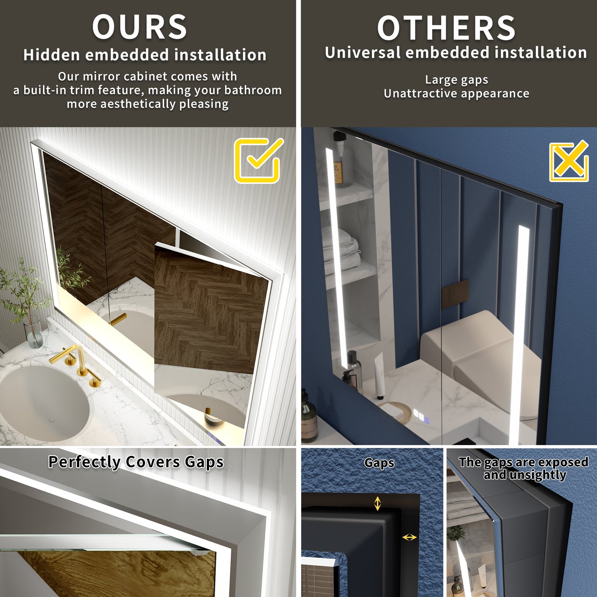 Ample 48" W x 36" H LED Lighted Chrome Medicine Cabinet with Mirror and Shelves for Bathroom Recessed or Surface Mount - ExBriteUSA