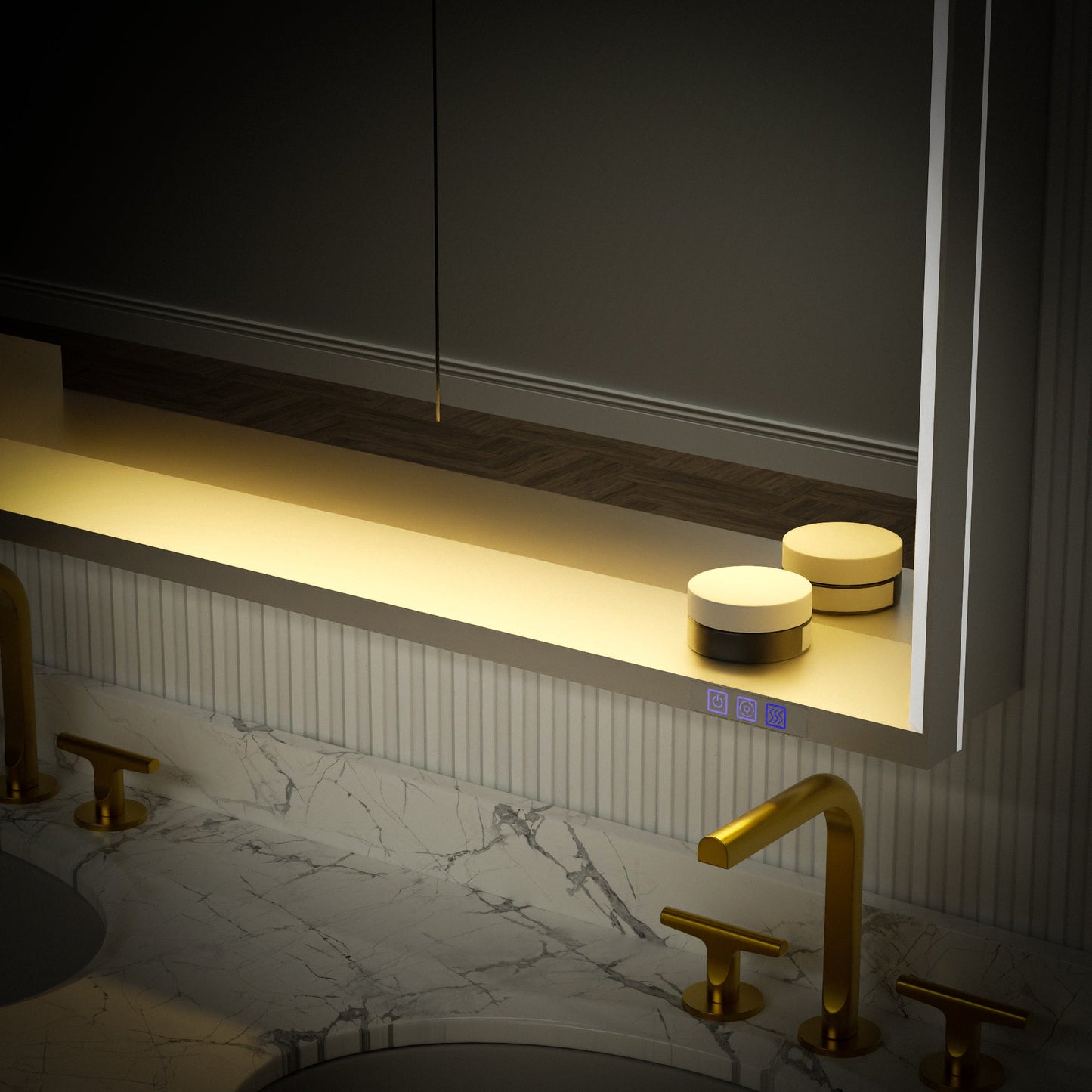 Ample 48" W x 36" H LED Lighted Chrome Medicine Cabinet with Mirror and Shelves for Bathroom Recessed or Surface Mount - ExBriteUSA