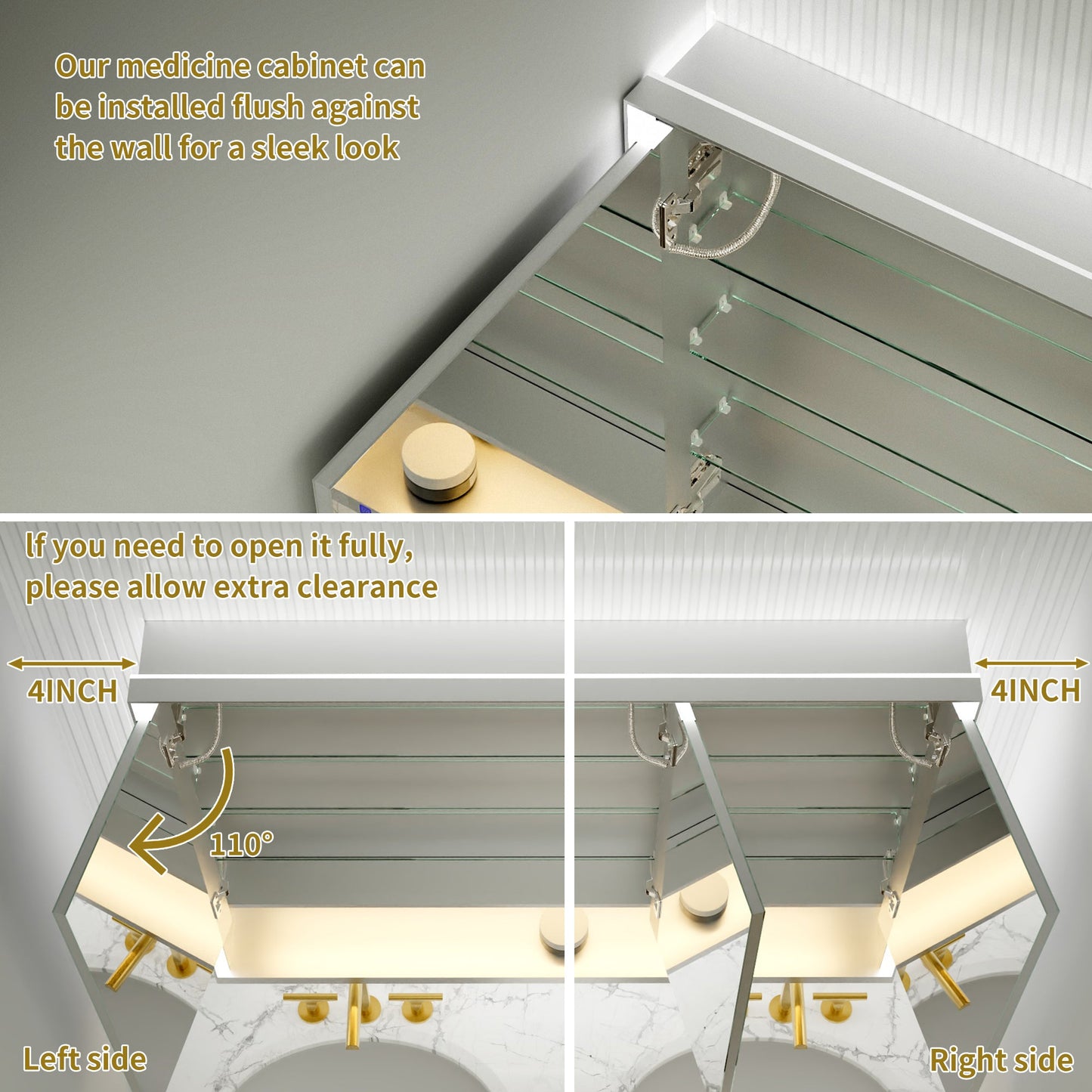 Ample 48" W x 36" H LED Lighted Chrome Medicine Cabinet with Mirror and Shelves for Bathroom Recessed or Surface Mount - ExBriteUSA